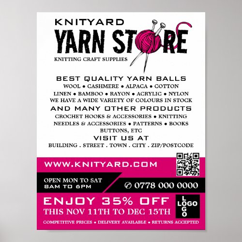 Pink Yarn Store Logo Knitting Store Yarn Store Poster