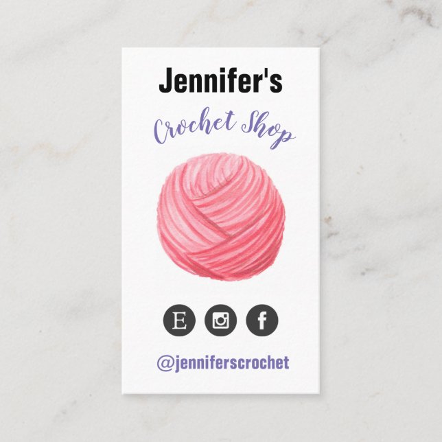 Pink Yarn Watercolor Crochet Knit Business Card (Front)
