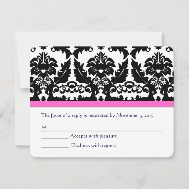 Pink yarrow Black Damask Wedding RSVP (Front)