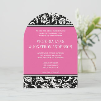 Pink Yarrow Monogram Floral Damask Wedding Invitation