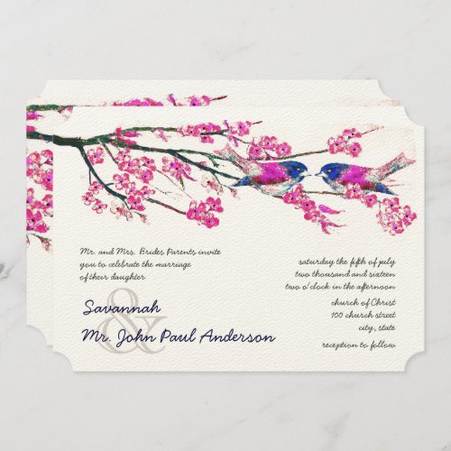 Pink Yarrow Navy Blue Love Bird Forest Wedding Invitation