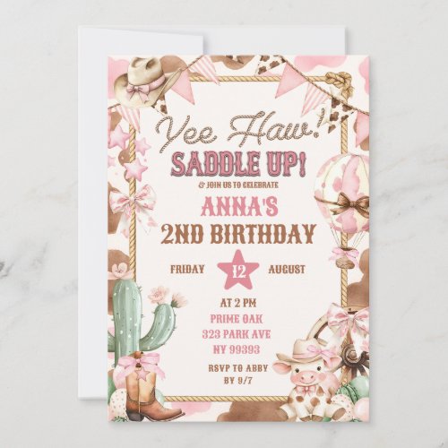 Pink Yee Haw Cowgirl Birthday Invitation