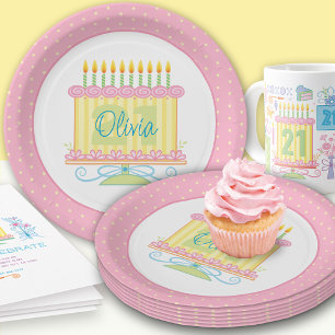 Pink Yellow 21st Birthday Cake Name Paper Plates