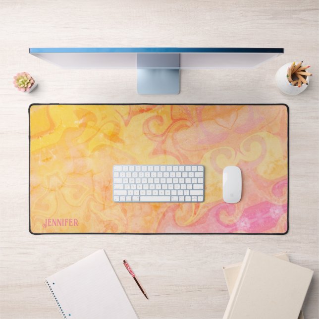 Pink Yellow Abstract Modern Colorful Boho Name Desk Mat (Office 1)
