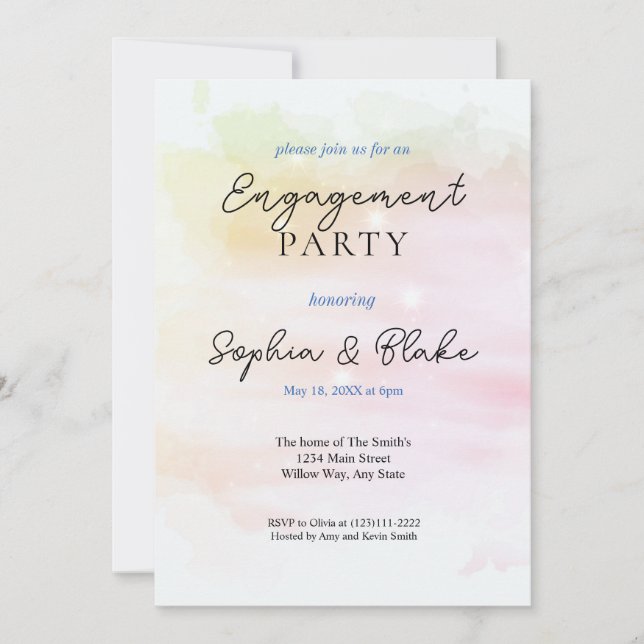 Pink & Yellow Abstract Watercolor Engagement Party Invitation (Front)
