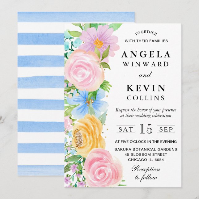 Pink Yellow and Blue Boho Flowers Wedding Invitation (Front/Back)
