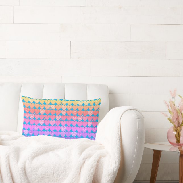 Pink, yellow and blue boho style hearts design lumbar pillow (Couch)