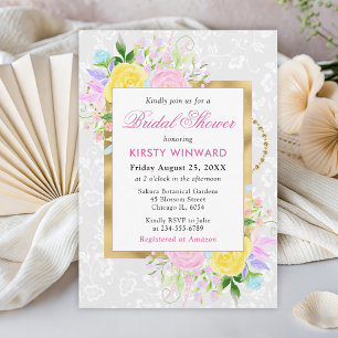 Pink, Yellow and Blue Flowers Gold Bridal Shower Invitation
