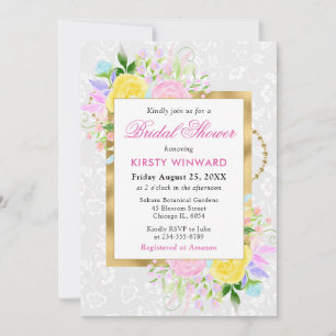 Pink, Yellow and Blue Flowers Gold Bridal Shower Invitation