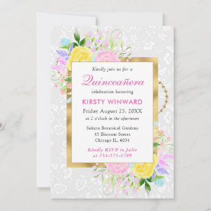 Pink, Yellow and Blue Flowers Gold Quinceanera Invitation