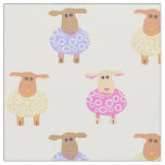 Pink yellow and blue lambs on white nursery print fabric