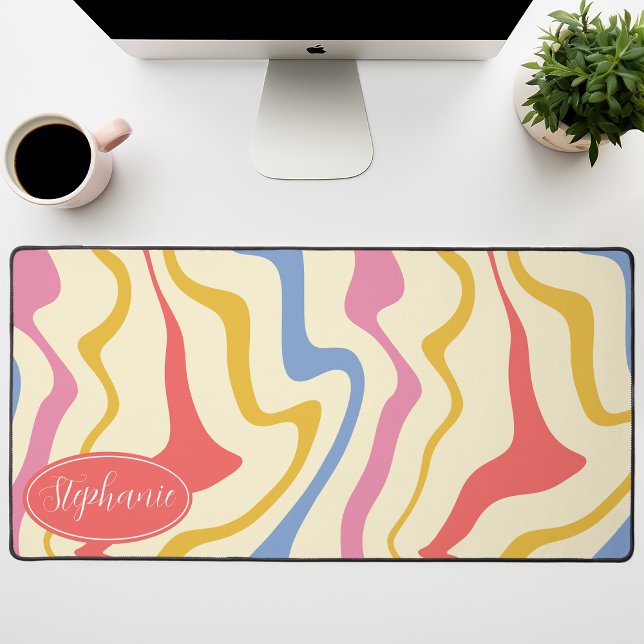Pink, Yellow, And Blue Retro Groovy Waves Desk Mat (Creator Uploaded)