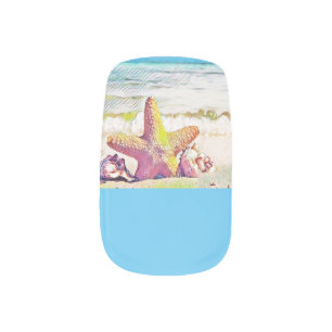 Pink yellow and blue seashells watercolor painting minx nail art