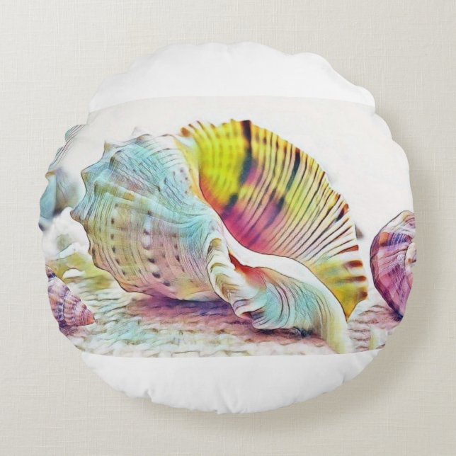 Pink yellow and blue seashells watercolor summer  round pillow (Front)