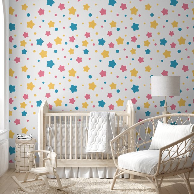 Pink, Yellow, and Blue Stars on White Pattern Wallpaper (Kids)