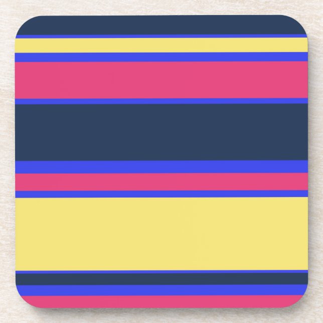 Pink, yellow and blue stripes beverage coaster (Front)