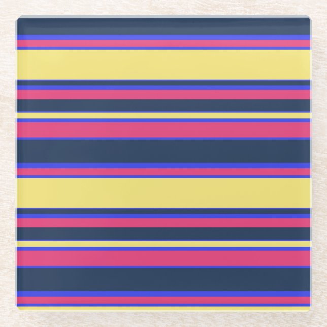 Pink, yellow and blue stripes glass coaster (Front)