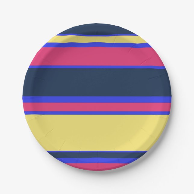 Pink, yellow and blue stripes paper plates (Front)