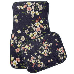 pink yellow and brown small flowers with green lea car floor mat