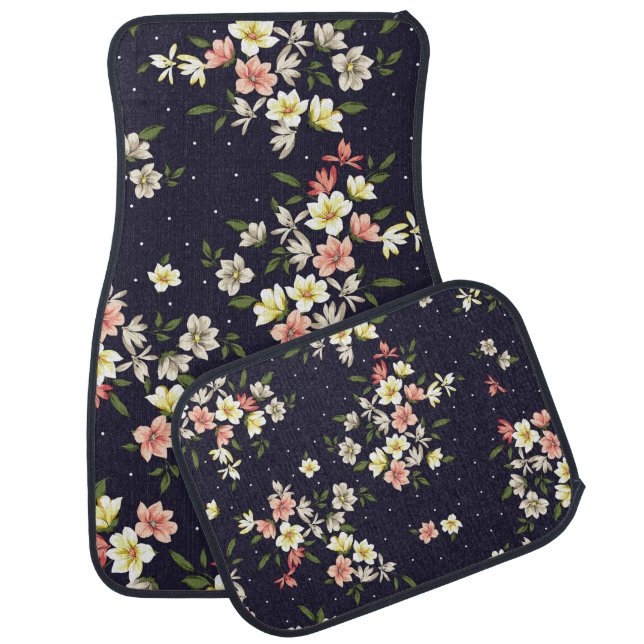 pink yellow and brown small flowers with green lea car floor mat (Set)