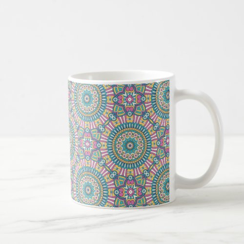 Pink yellow and green kaleidoscope flowers coffee mug