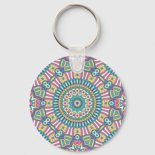 Pink yellow and green kaleidoscope mandala flowers keychain