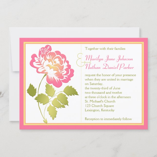 Pink, Yellow, and Green Peony Wedding Invitation (Front)