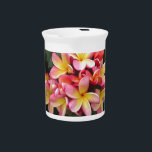 Pink, Yellow and Red Plumeria Flowers Pitcher<br><div class="desc">A beautiful bunch of tropical Plumeria flowers with brilliant yellows,  pinks and reds against a lovely natural green background.  Enjoyable and refreshing image!</div>