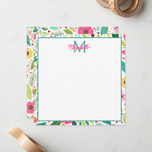Pink Yellow and Teal Spring Floral Monogram Note Card