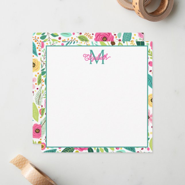 Pink Yellow and Teal Spring Floral Monogram Note Card (Front/Back In Situ)
