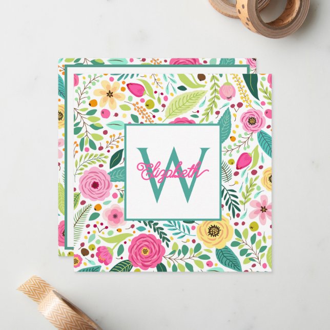 Pink Yellow and Teal Spring Floral Monogram Note Card (Front/Back In Situ)