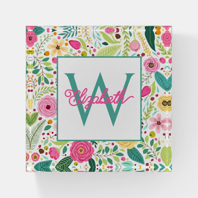 Pink Yellow and Teal Spring Floral Monogram Paperweight (Front)