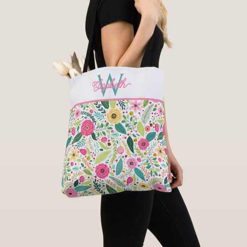 Pink Yellow and Teal Spring Floral Monogram Tote Bag