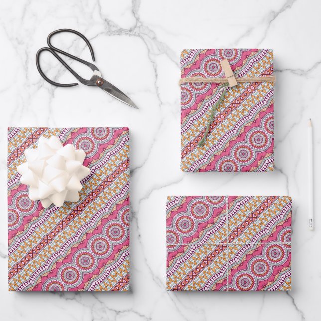 Pink Yellow and White  Circle Mandala    Wrapping  Paper Sheets (Front)