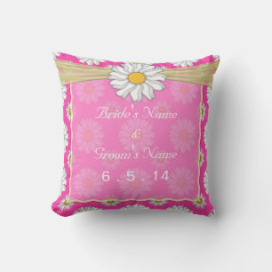 Pink Yellow and White Floral Daisy Wedding Throw Pillow