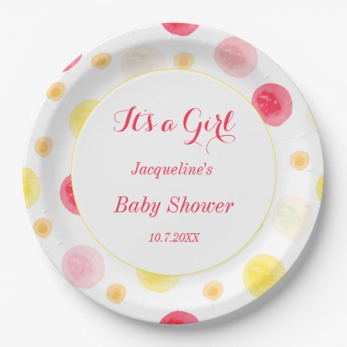 Pink Yellow Baby Shower Watercolor Dots Paper Plates