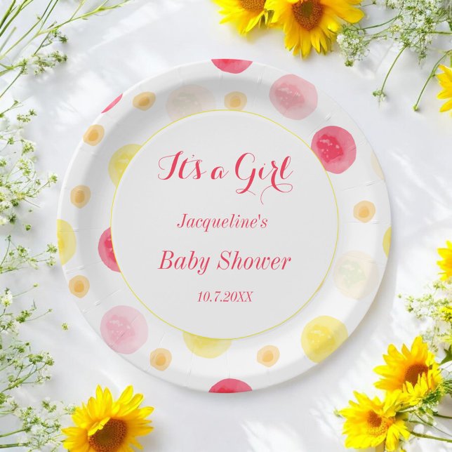Pink Yellow Baby Shower Watercolor Dots Paper Plates (Creator Uploaded)