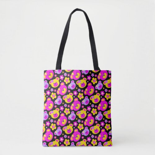 Pink yellow bears and flowers patterned tote bag