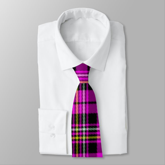 Pink Yellow Black and White Plaid Tie (Tied)