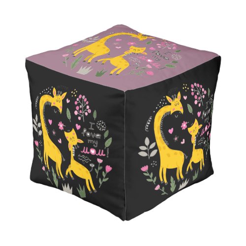 Pink Yellow Black Giraffe Girly I Love My Mom   Pouf