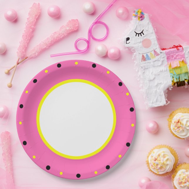 Pink Yellow Black Polka Dots  Paper Plates (Party)