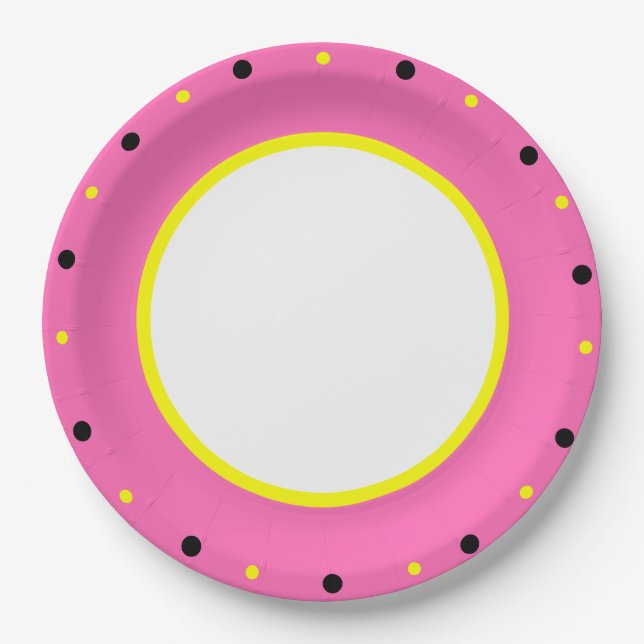 Pink Yellow Black Polka Dots  Paper Plates (Front)