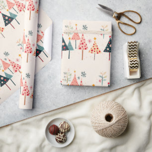 Pink, Yellow, Black, Teal Holiday Trees with Stars Wrapping Paper