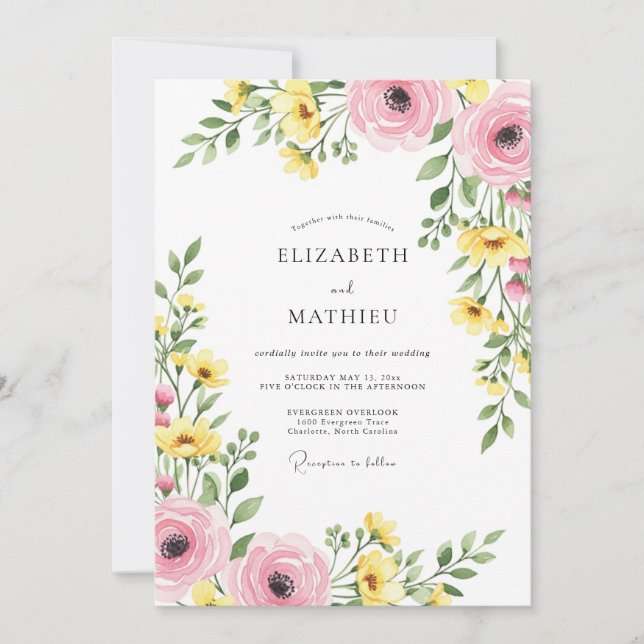 Pink Yellow Blissful Spring Wedding Invitation (Front)