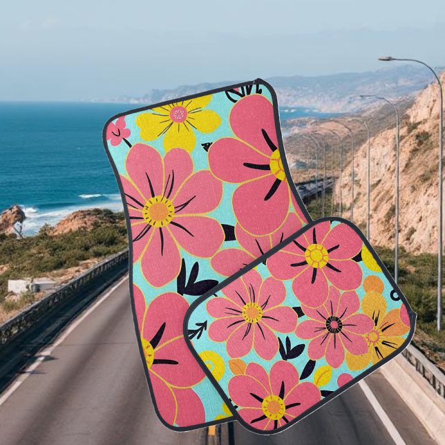 Pink & Yellow Blossoms on Sky Blue- Dopamine Style Car Floor Mat (Pink & Yellow Blossoms on Sky Blue- Dopamine Style Car Floor Mat)