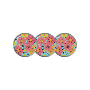 Pink & Yellow Blossoms on Sky Blue- Dopamine Style Golf Ball Marker