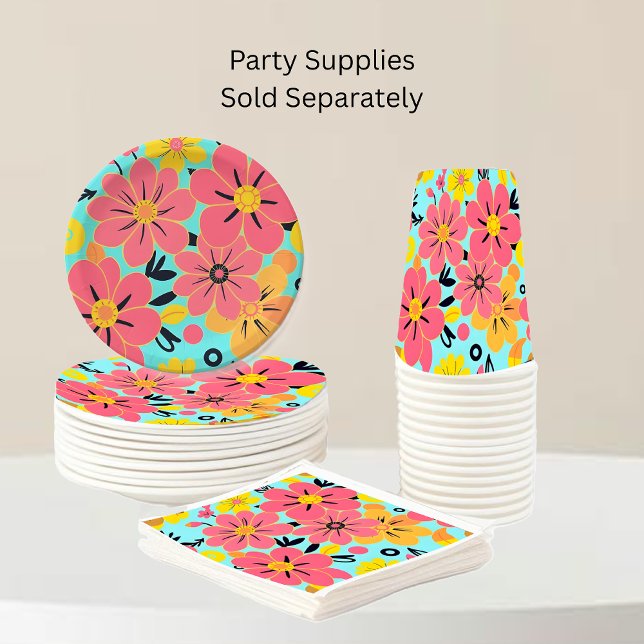 Pink & Yellow Blossoms on Sky Blue –Dopamine Style Paper Plates (Pink & Yellow Blossoms on Sky Blue-Dopamine Style-Party Supplies full set)