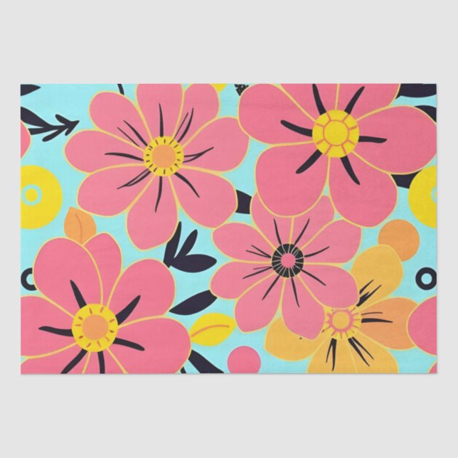 Pink & Yellow Blossoms on Sky Blue –Dopamine Style Tissue Paper (Front)