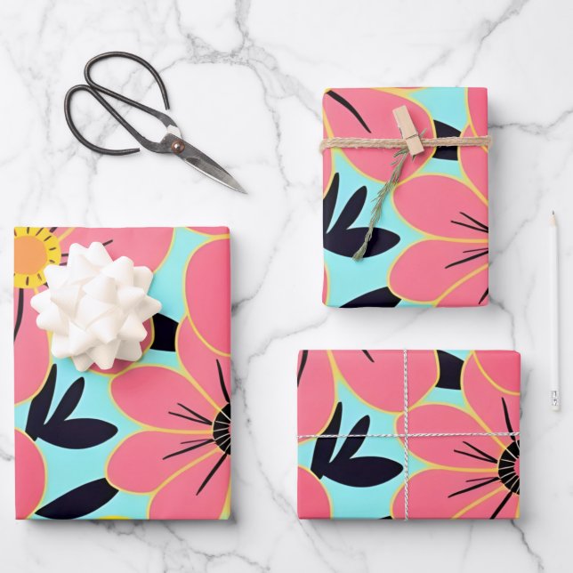 Pink & Yellow Blossoms on Sky Blue –Dopamine Style Wrapping Paper Sheets (Front)