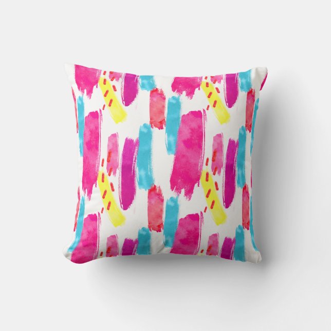 PInk Yellow Blue Abstract Paint Strokes | Throw Pillow (Front)